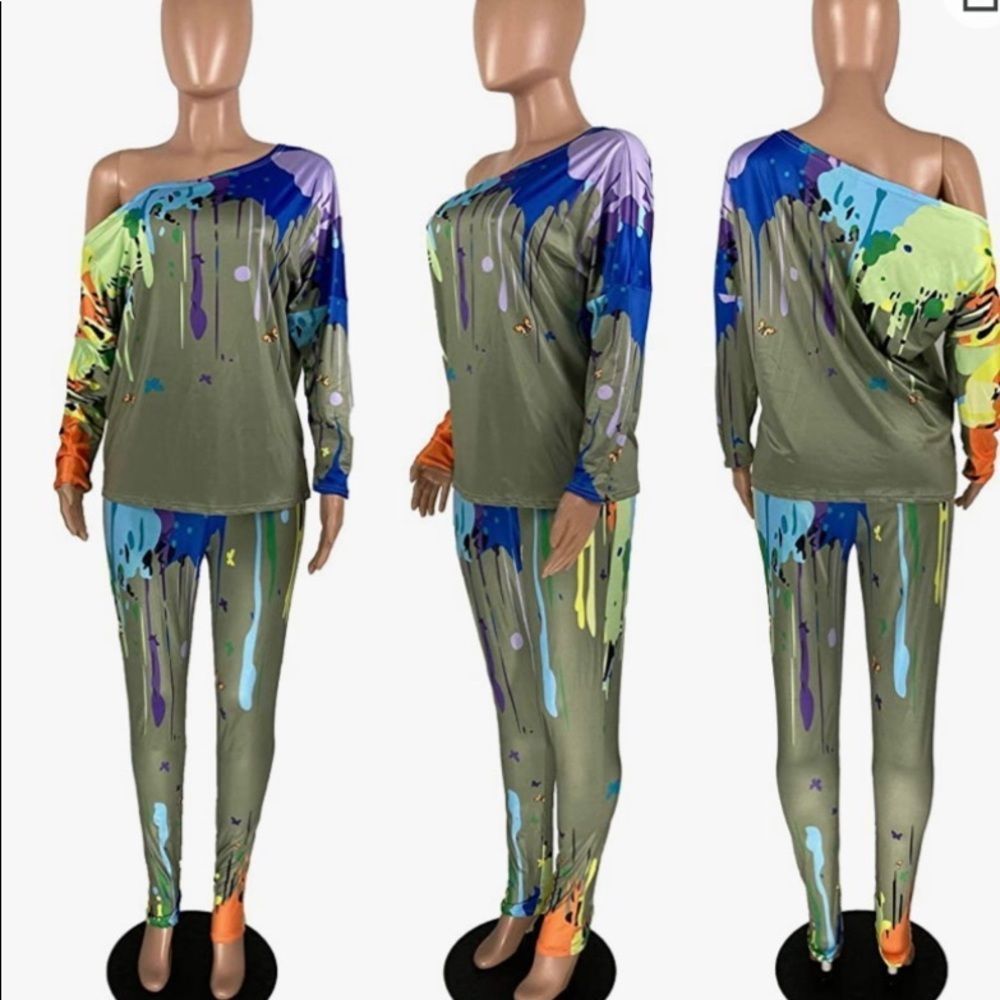 Green 2 Piece Outfits Pants Set Long Sleeve Tie Dye Off The Shoulder Set​​​ - Picture 2 of 3